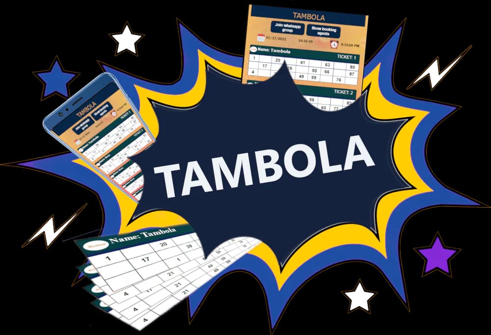 Tambola game — starburst graphic with tickets and mobile app